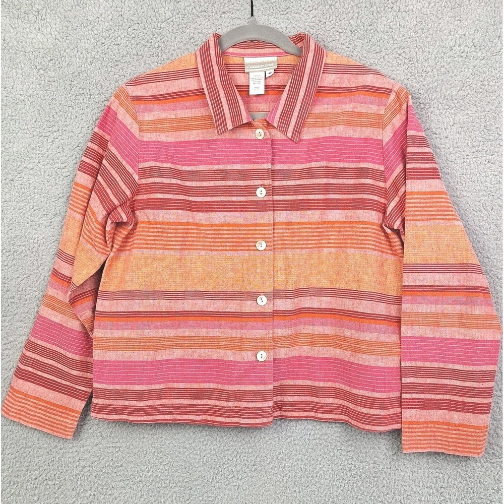 Vintage Coldwater Creek Jacket Womens Medium Pink Orange Stripe Linen Blend Boho